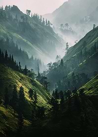 Misty Green Mountain Valley Landscape