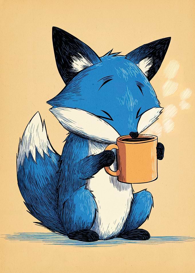 Blue Fox Drinking Coffee Illustration