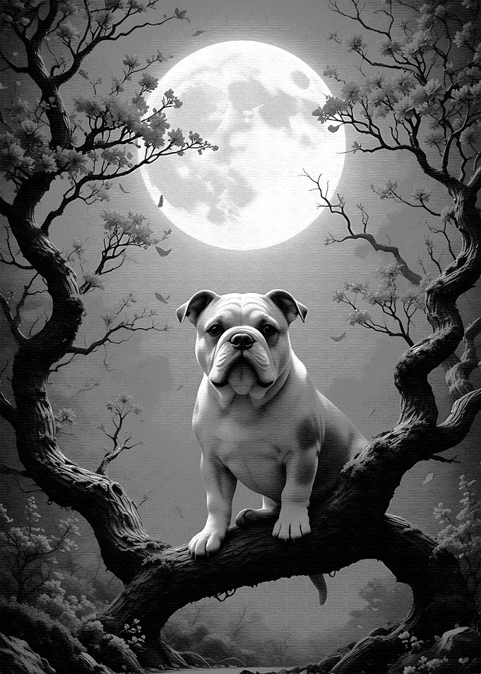 Bulldog on Branch Under Moonlight