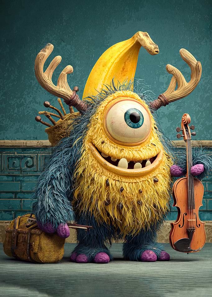 Whimsical Monster Musician with Banana Hat