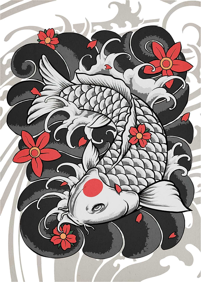 Koi Fish Flowers Waves