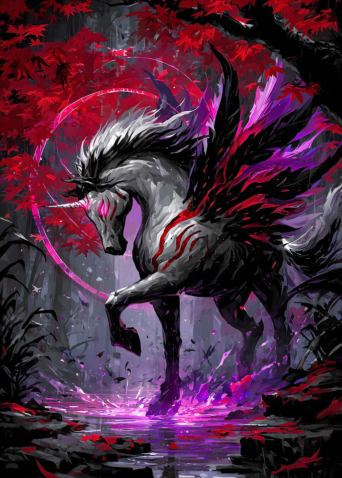 Dark Winged Unicorn in Forest