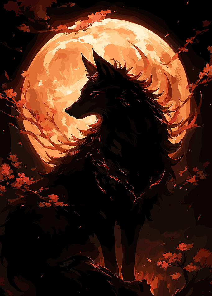 Wolf Silhouette Against Orange Moon