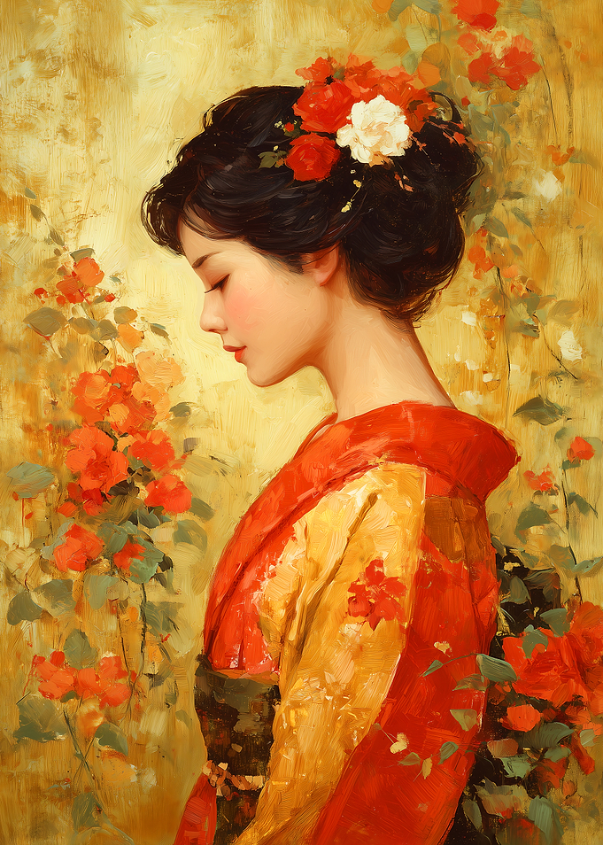 Japanese Woman with Flowers Painting