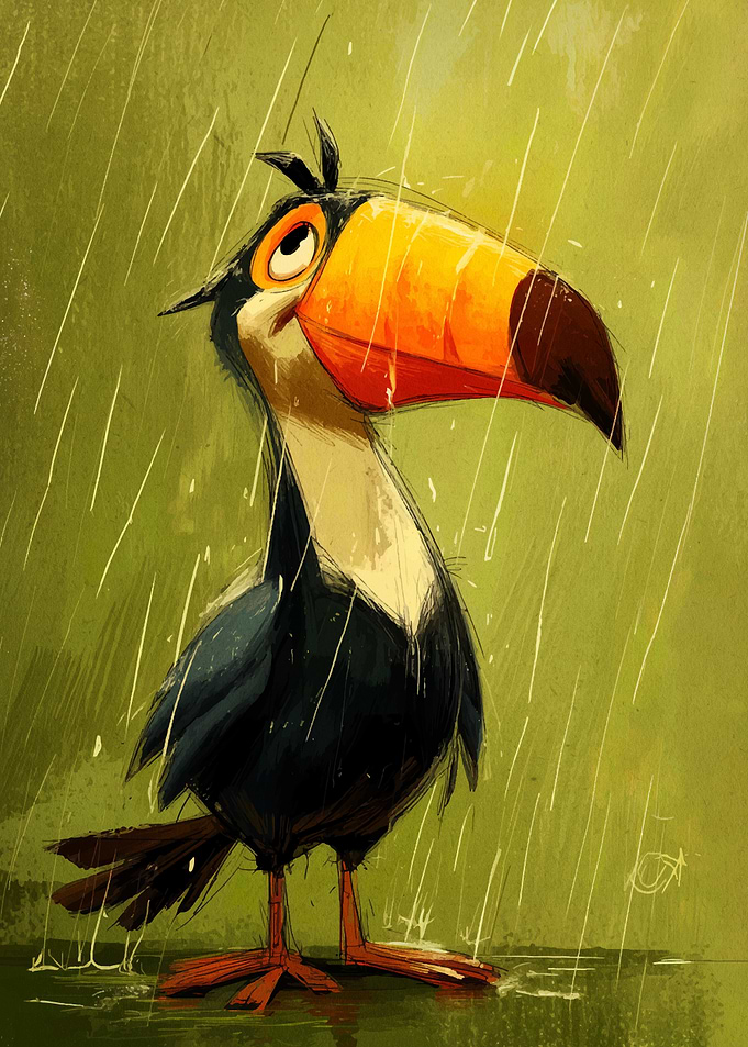 Cartoon Toucan in the Rain