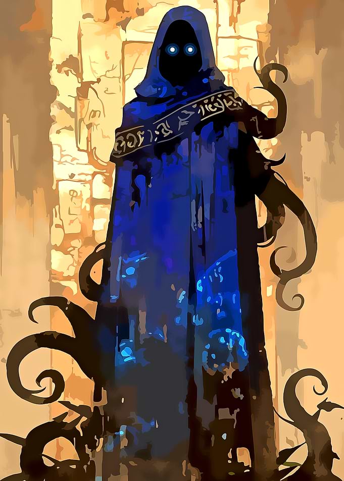 Mysterious hooded figure with glowing eyes