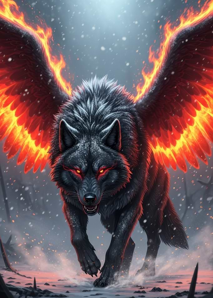 Winged Fire Wolf in Snowy Landscape