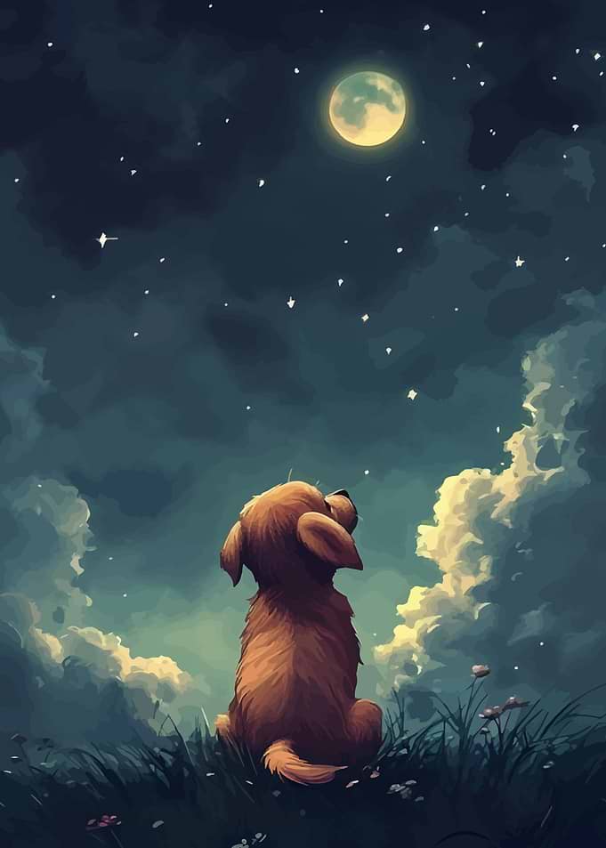 Dog Gazing at Moon and Stars