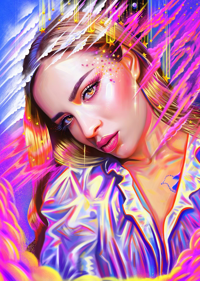 dreamy portrait with stars and clouds