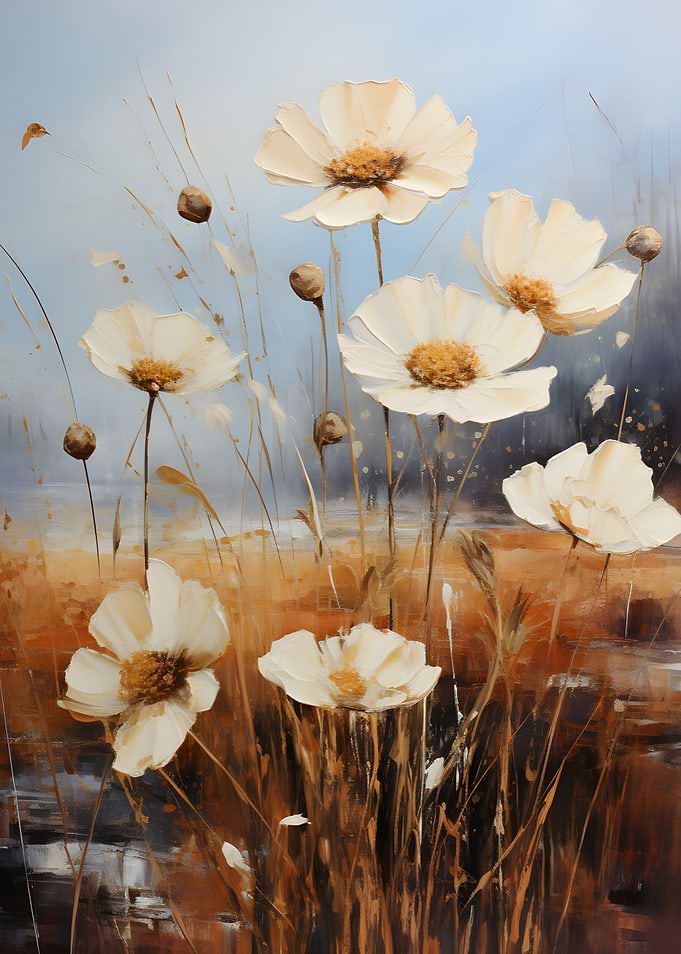 Floral Painting: White Flowers in Field