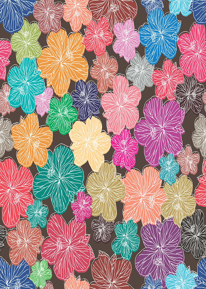 Colorful Hibiscus Flower Pattern on Brown