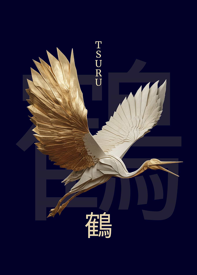 Golden Origami Crane on Navy Background
