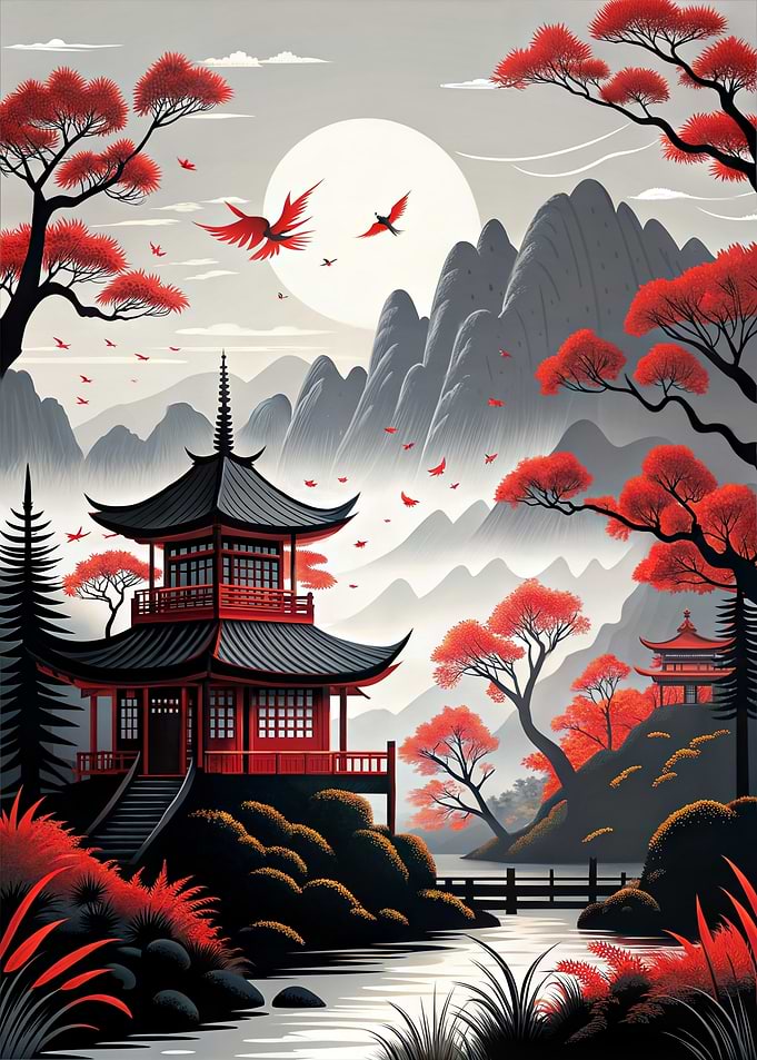 Japanese Pagoda Landscape with Red Foliage Nature