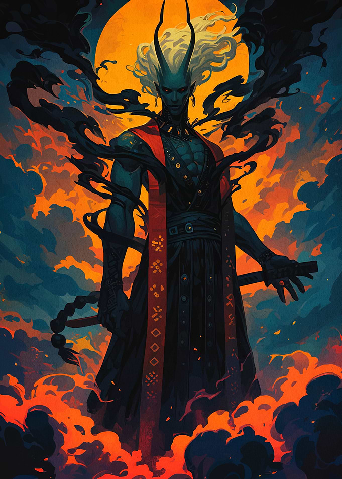 Horned Demon Warrior in Fiery Landscape