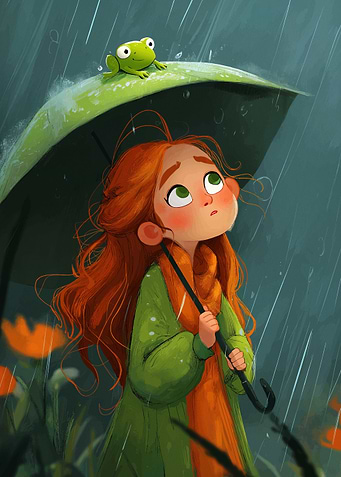 Girl with Frog in the Rain