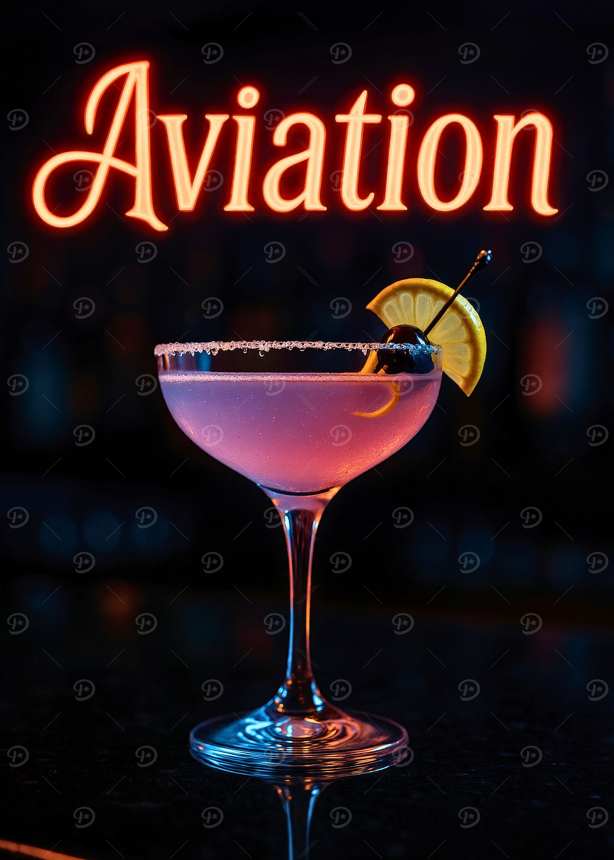 Neon-Lit Aviation Cocktail in Sugar-Rimmed Coupe with Cherry & Lemon Garnish
