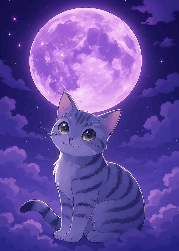 Cute Cat Under Purple Moon