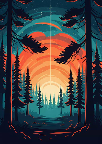Forest Landscape with Sunset and Stars