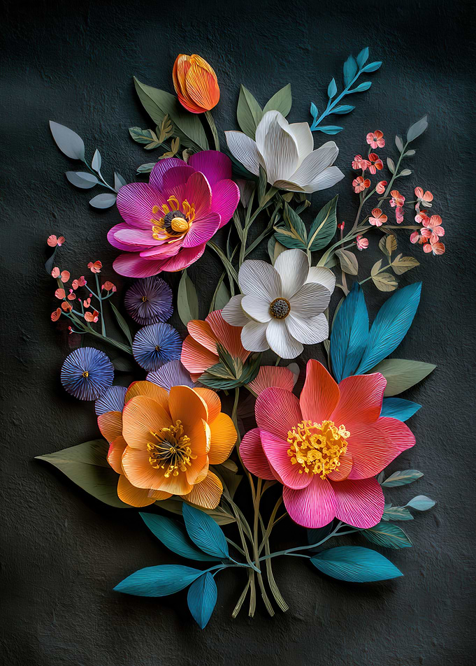 Colorful Paper Flower Bouquet on Dark Background