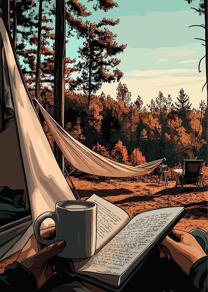 Camping Scene with Book and Hammock