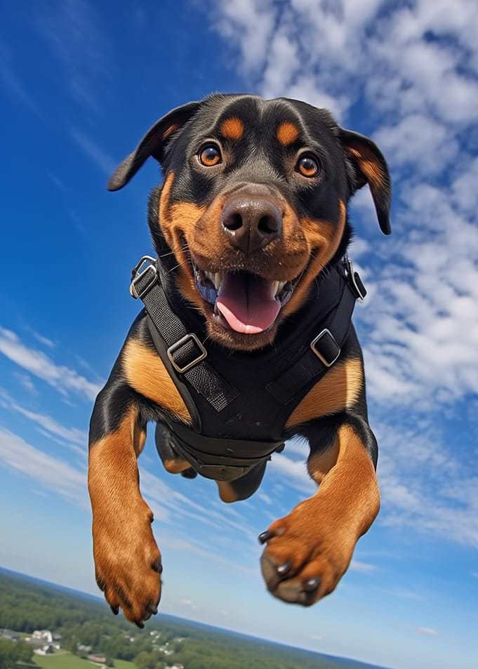 Happy Rottweiler Flying in the Sky