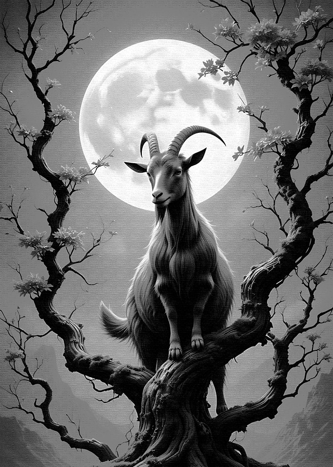 Goat on Tree Branch Under Moonlight
