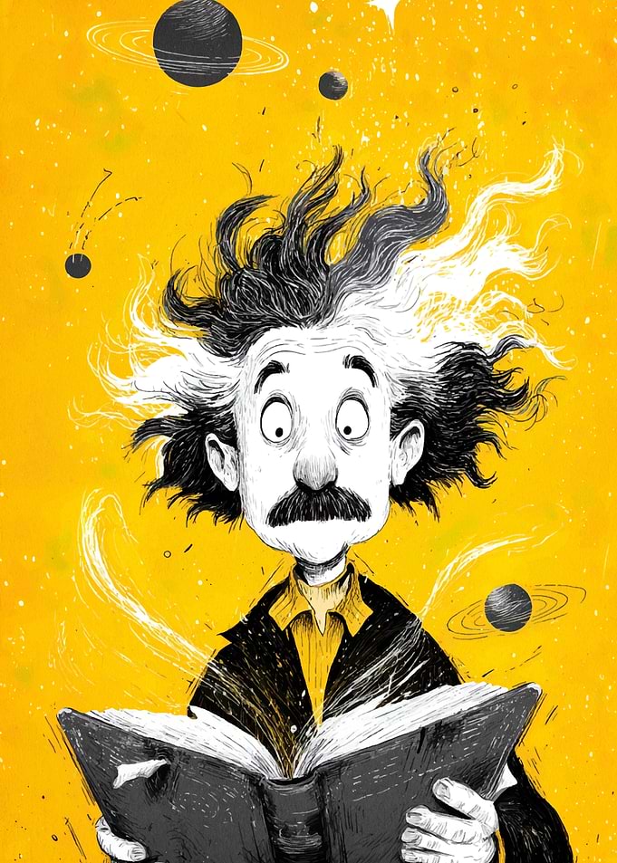 Cartoon Einstein Reading Book in Space