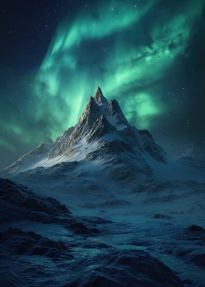 Snowy Mountain Under Aurora Borealis