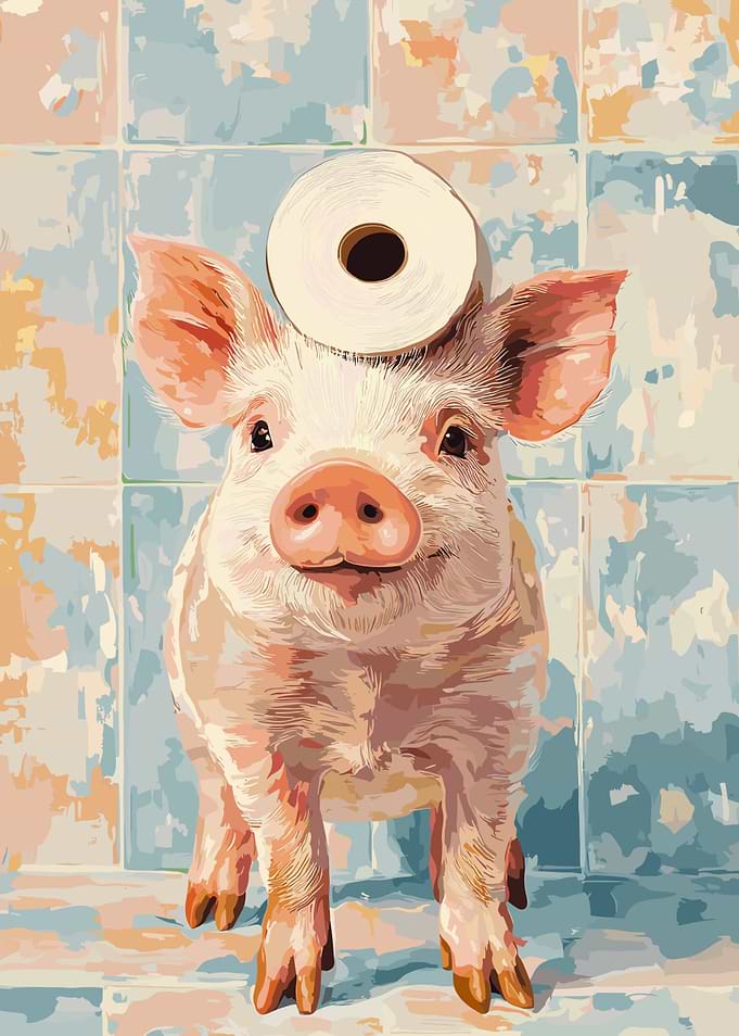 Pig with Toilet Paper on Head