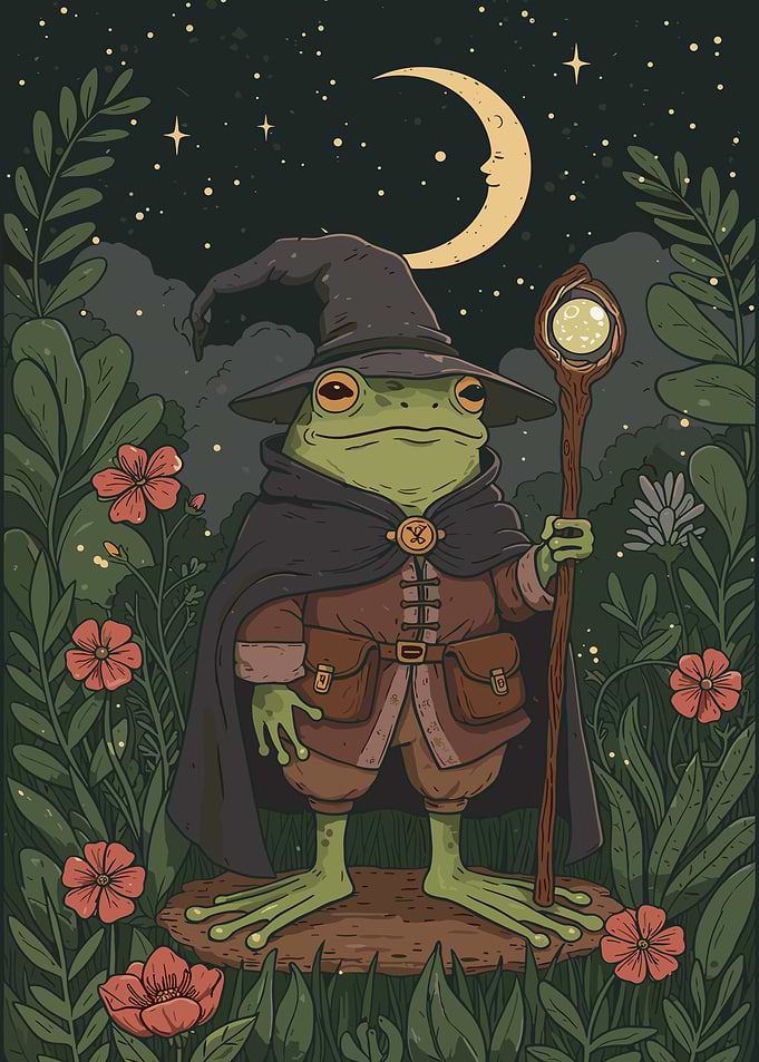 Frog Wizard in Night Forest
