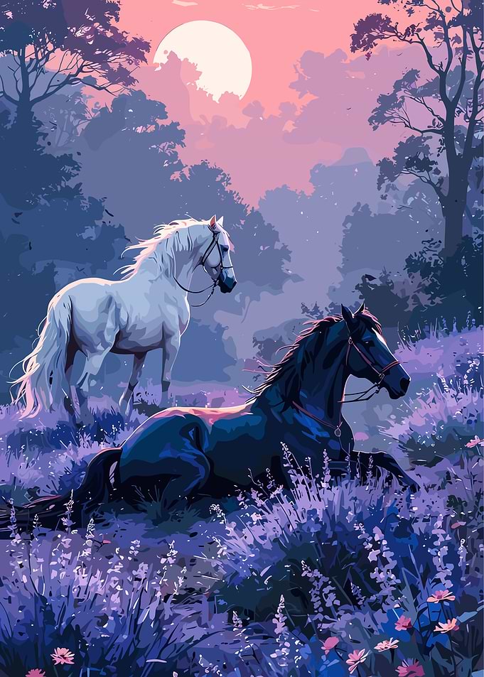 Horses in Lavender Field at Night