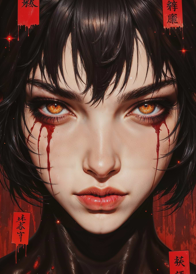 The Enigmatic Gaze of Crimson Tears: A Dark Fantasy Portrait