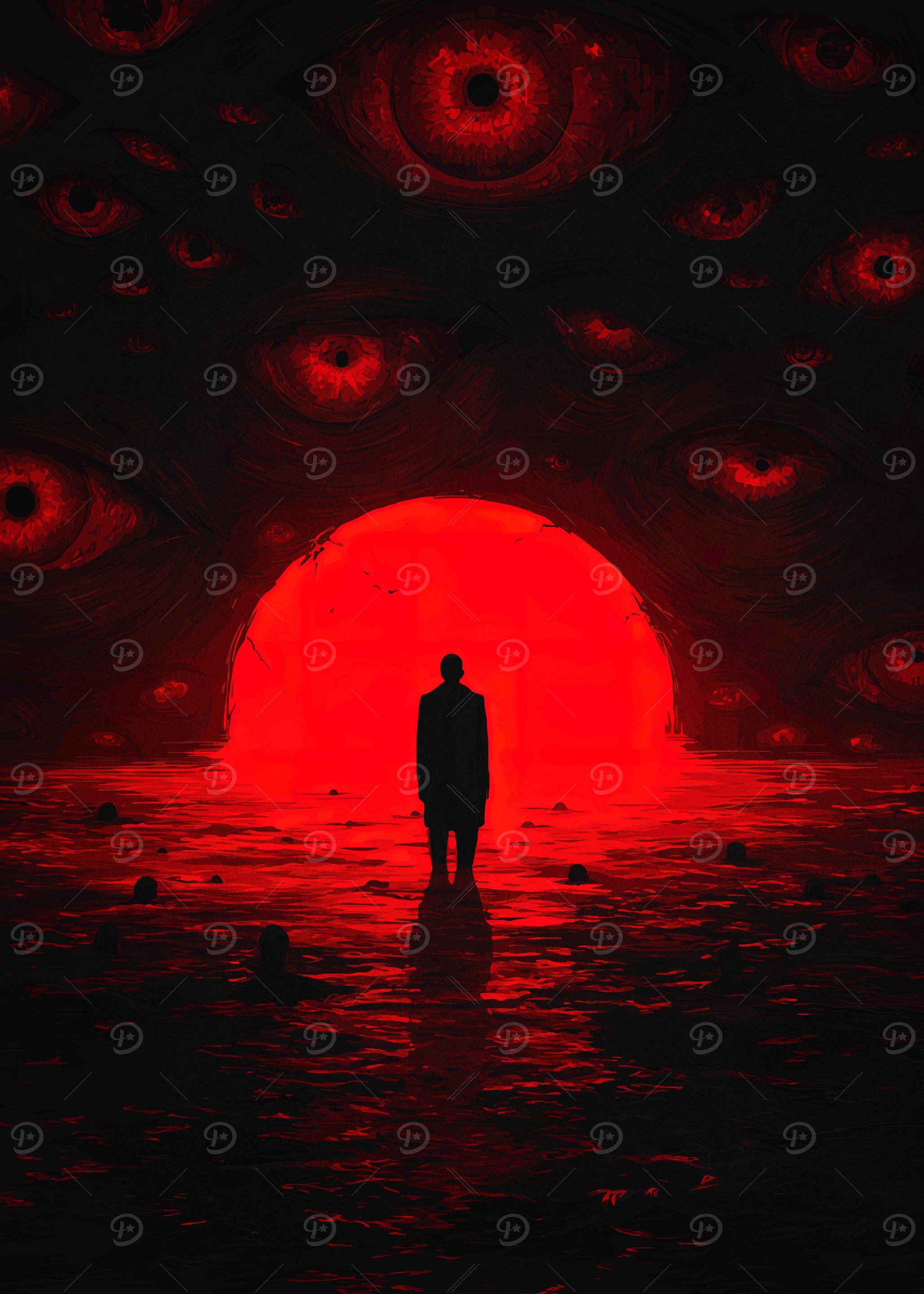 Red Eyes, Silhouette, and Eerie Landscape