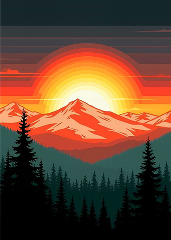 Mountain Sunset Forest Landscape Illustration
