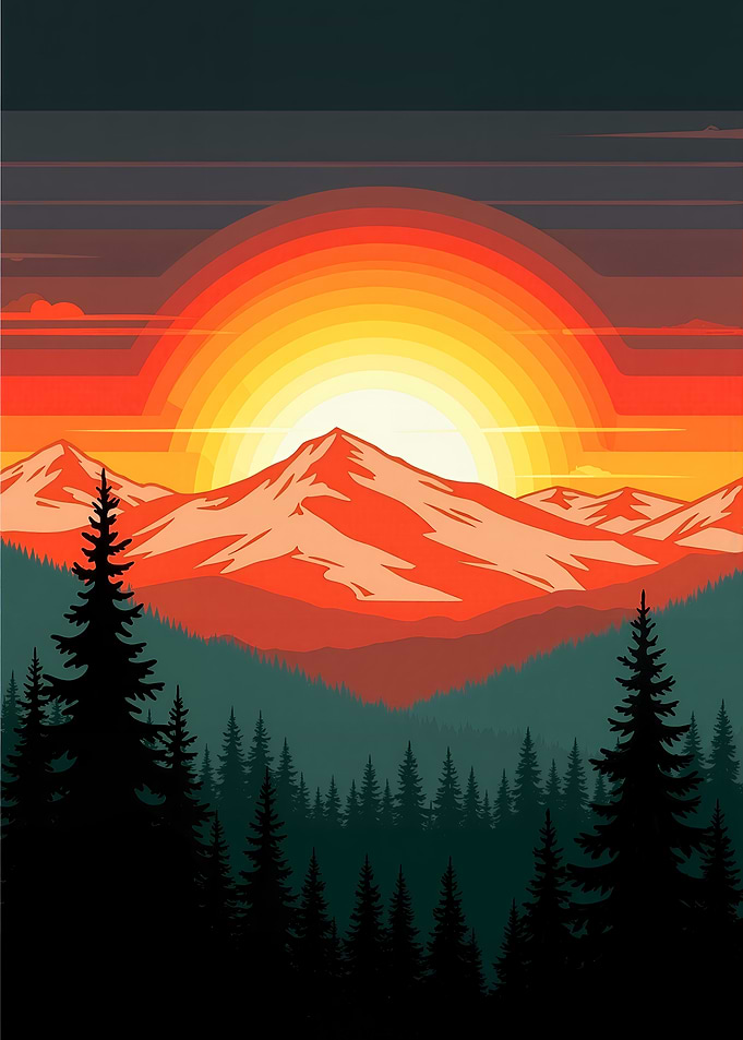 Mountain Sunset Forest Landscape Illustration
