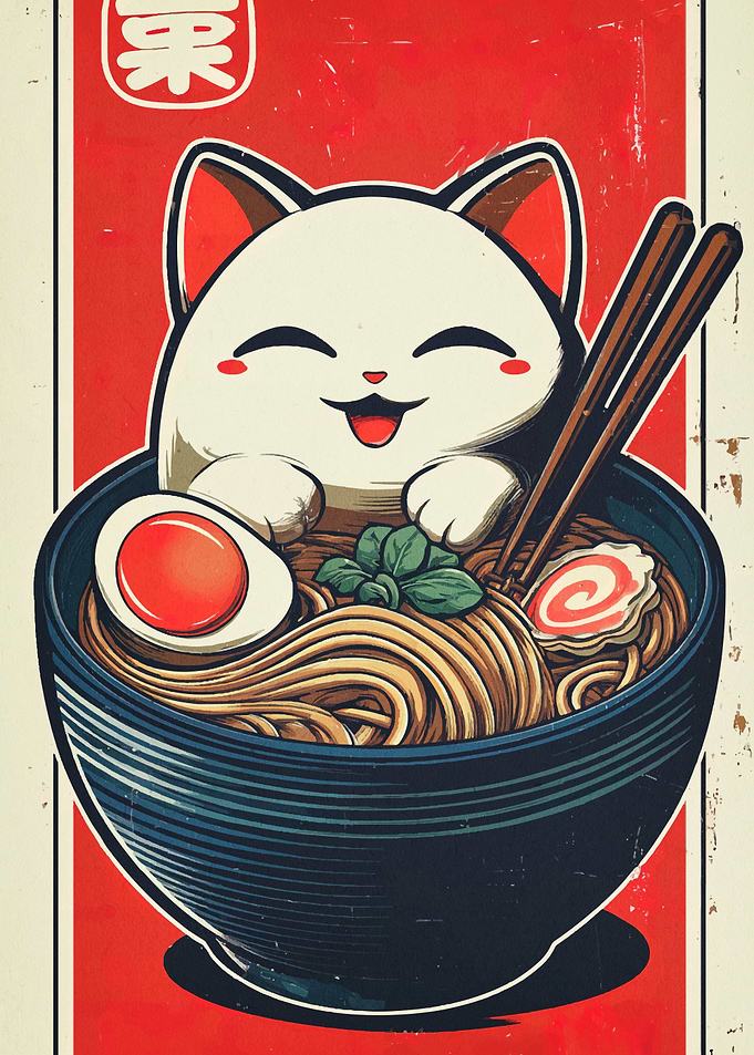 Cat in Ramen Bowl Illustration
