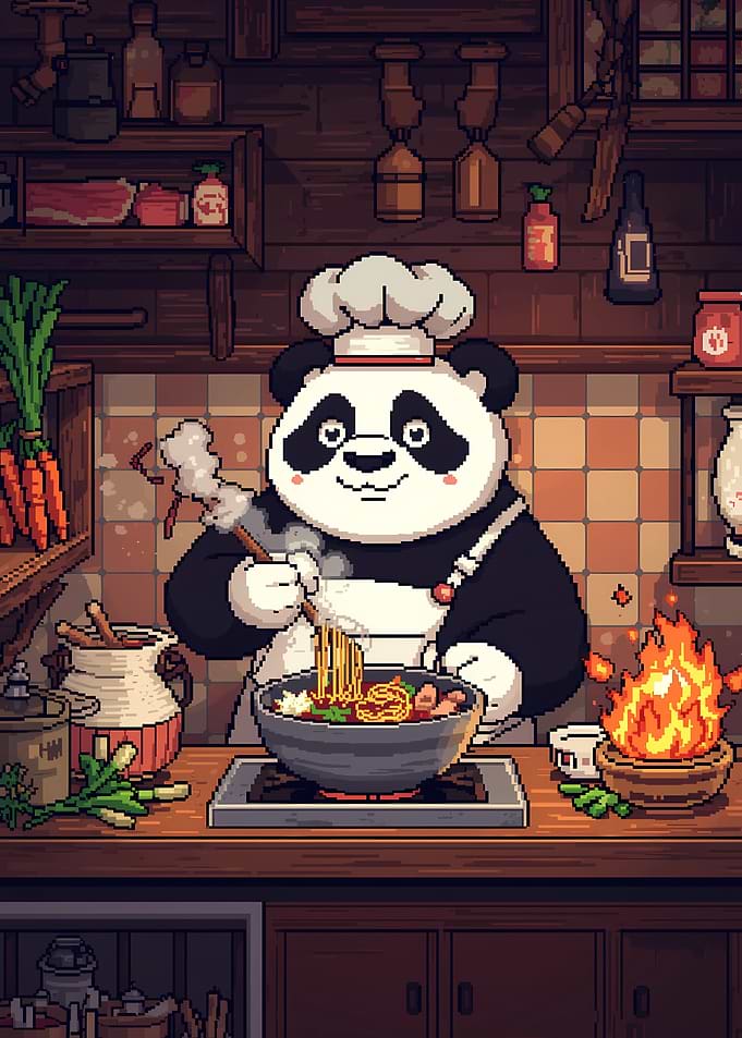 Pixel Art Panda Chef Cooking Noodles