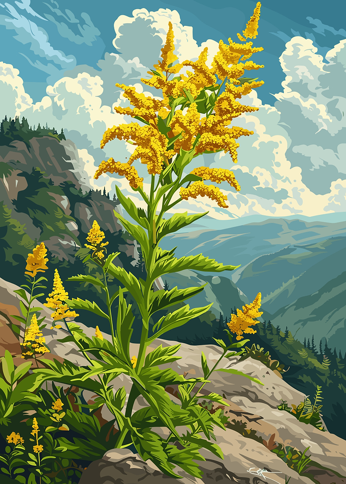 Goldenrod in Mountain Landscape Illustration