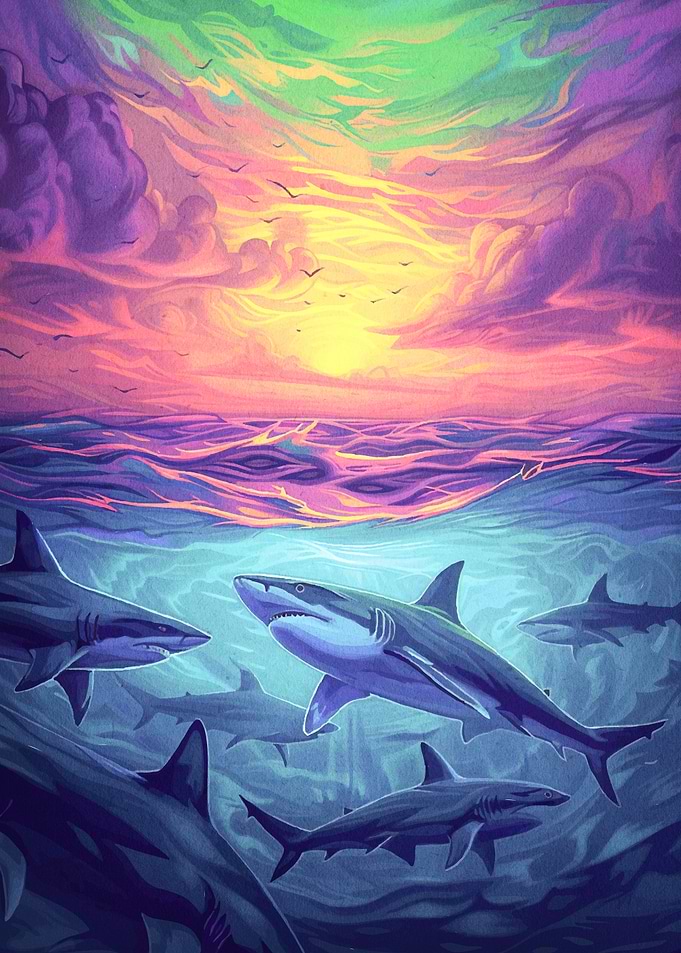 Sharks colorful sunset sky