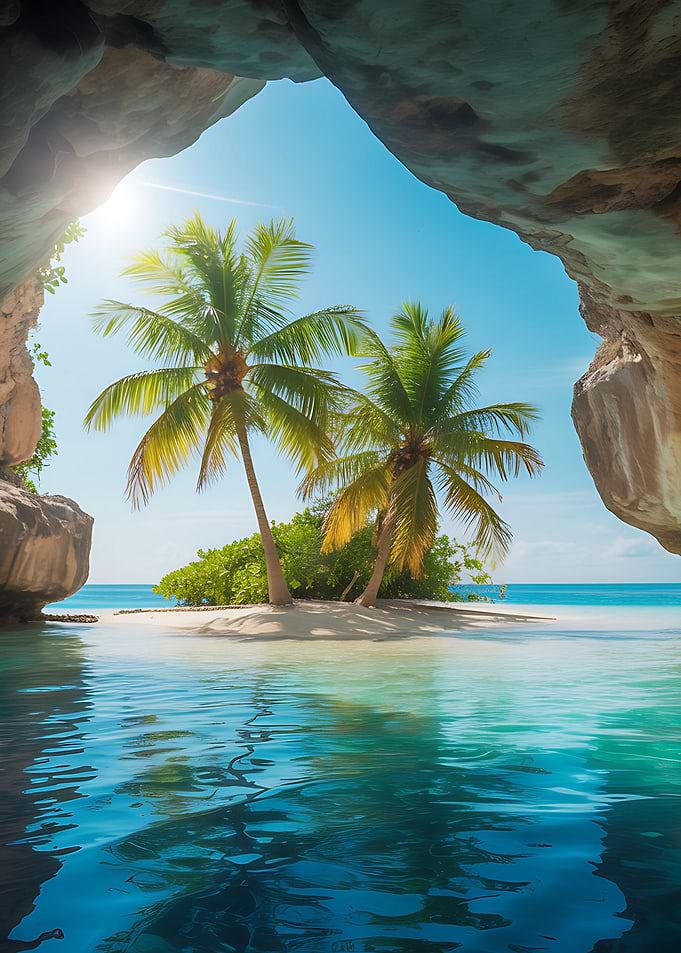 Tropical Island View from Cave Entrance
