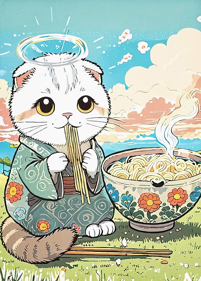 Cute Cat Eating Ramen