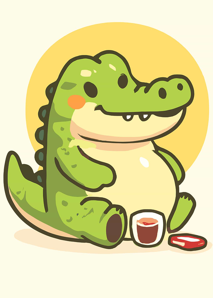 Cartoon Alligator with Sushi and Tea