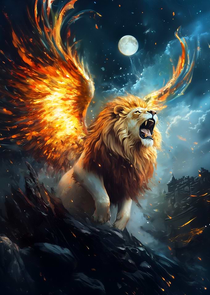 Winged Lion Roaring Under Moonlight