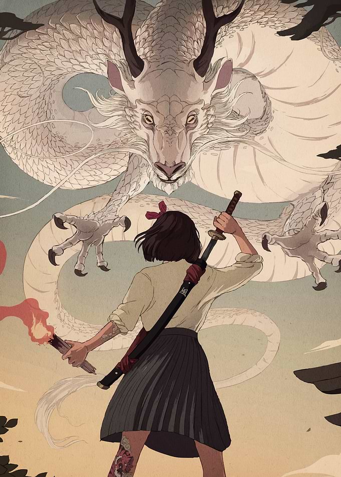 Girl facing dragon