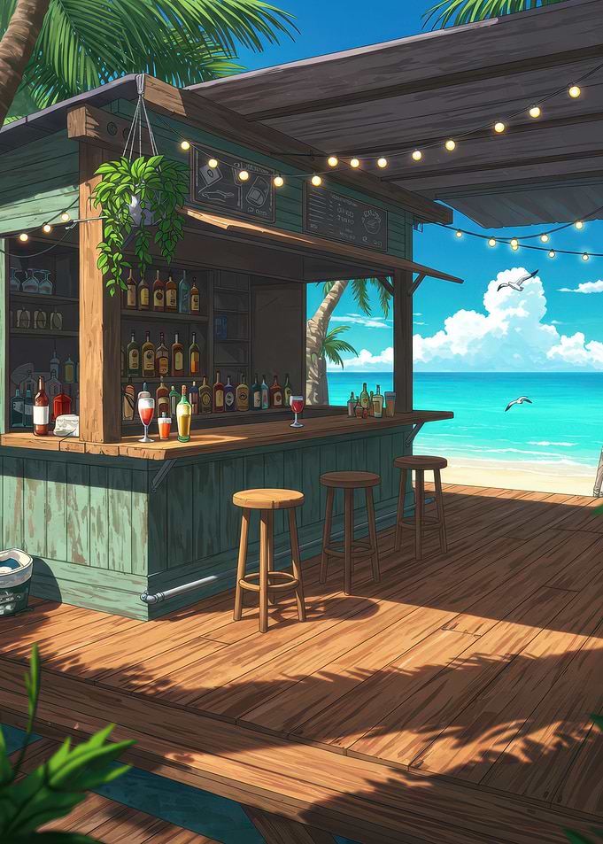 Beach Bar with Stools and Drinks