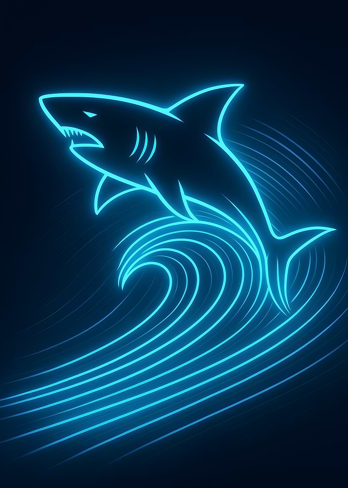 Blue Neon Shark Leaping from Wave