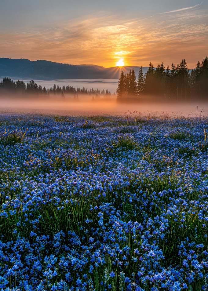 Blue Flowers Field at Sunrise