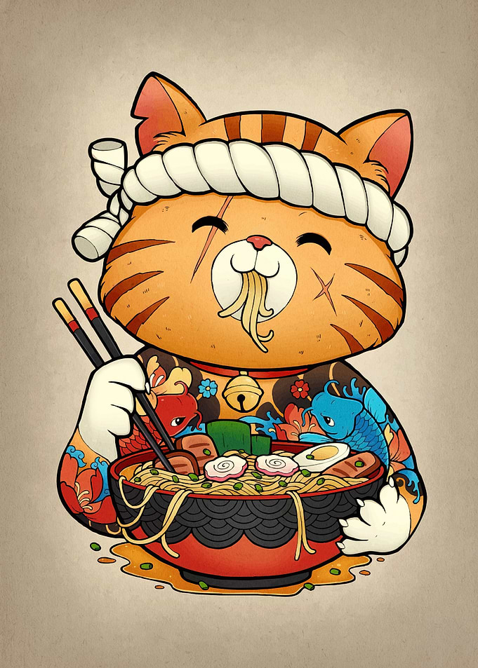 Tattooed Cat Eating Ramen