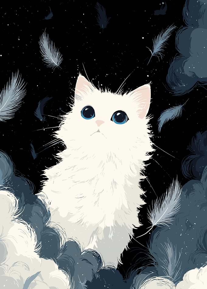 White Cat with Feathers Digital Art