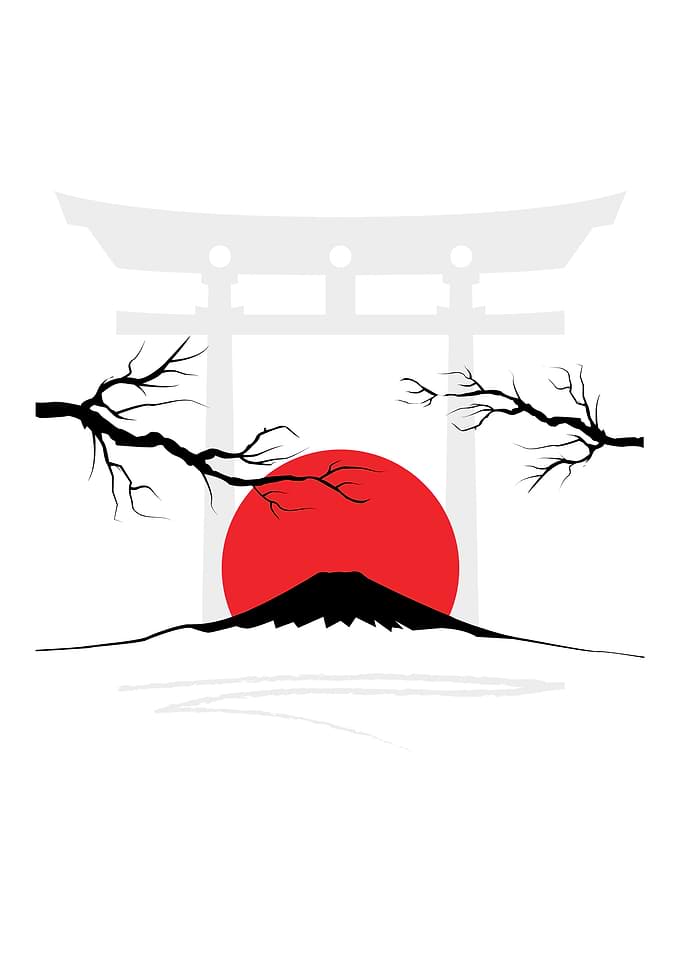 Japanese Landscape with Torii Gate and Sun